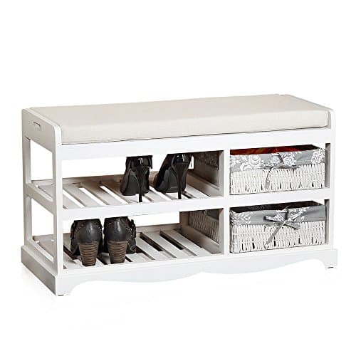 Shoe Rack with Bench and Storage Baskets with Cushions White