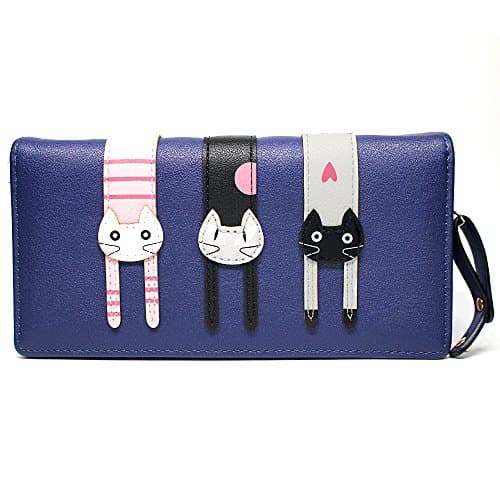 Ladies Long Zipper Purse Cute Cat Multi-card Position Two Fold Leather Wallet (Long Wallet- Navy blue)