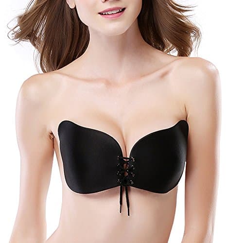 Kany Womens Reusable Invisible Magic Strapless Self Adhesive Push-up Bra Stick On Gel Backless Silicone Bras -Black