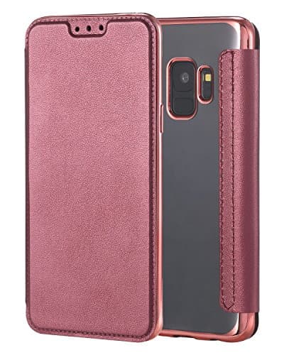 Galaxy S9 Case,S9 Case,Snewill Slim PU Leather Folio Flip Case with Card Slot &amp; Clear Soft TPU Back Cover for Samsung Galaxy S9 - Rose Red