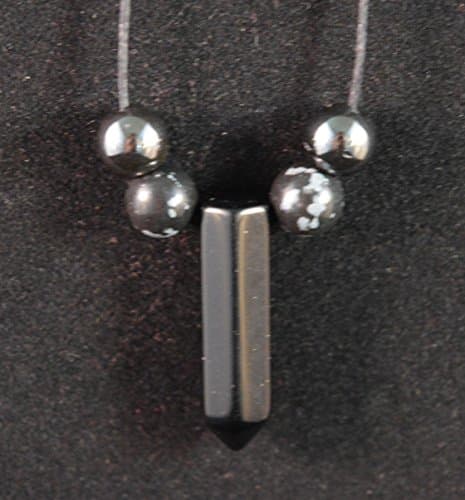 Black Agate Crystal Point Pendant Amulet on adjustable cord with added Hematite and Snowflake Obsidian
