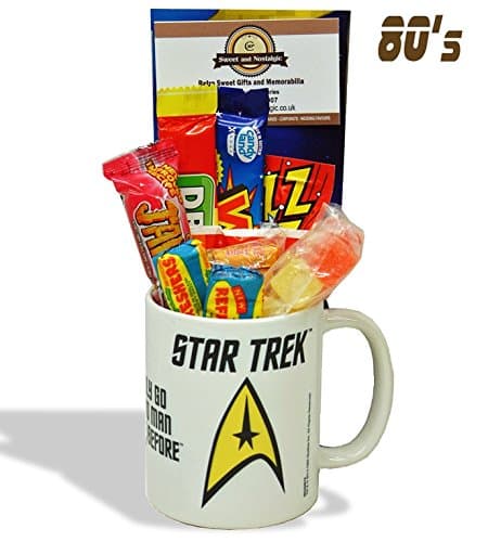 Star Trek Badge Mug with a Space Travelling Selection of 80's Retro Sweets.