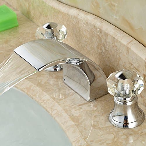 TougMoo Double Cristal Handles Waterfall Basin Sink Mixer Taps Deck Mount 3 Hole Brass Bathroom Faucet Chrome Finish,Chrome