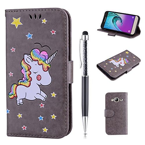 Leather Case for Samsung Galaxy J3 2016 / J3 2015, ZCRO Premium Leather Wallet Cute Unicorn Lovely Design Magnetic Book Style Flip Case Protective Cover with Card Holder Stylus Pen for Samsung Galaxy J3 2016 / J3 2015 / J320 (Grey)