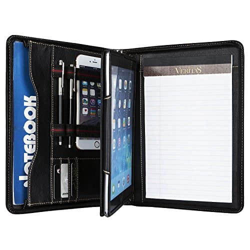 Black A4 Paper Document Padfolio Organizer Genuine Goatskin Leather Compact Portfolio Case Bag for iPad Pro10.5 inch