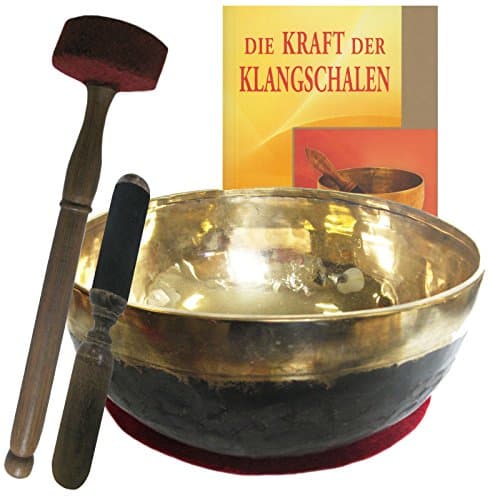 Singing Bowl Bengali Gold Black 4-Piece Massage Set with Book Therapy – : | Solar Plexus Bowl 1200 – 1300 g Approx 22 – 24 cm Diameter # 70147 | with Cushion/Leather Clapper.