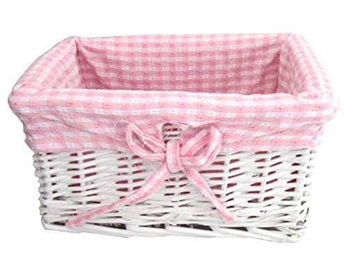 SHABBY CHIC WHITE WICKER STORAGE BASKET WITH PINK & WHITE GINGHAM LINING …