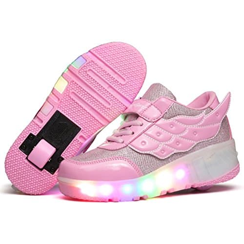 TeraSeven Unisex LED light Heelys Shoes Wing Style Rolls Adjustable Skates Rollerblades Inline Skates Single Wheel Boys Girls Kids Unisex Adults Pink(11 Child UK)