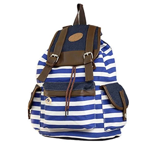 Vintage Stripe Canvas Backpack Shoulders Bag School Bag Rucksack Daypack Travel Bag for Teenage Girls Boys Blue