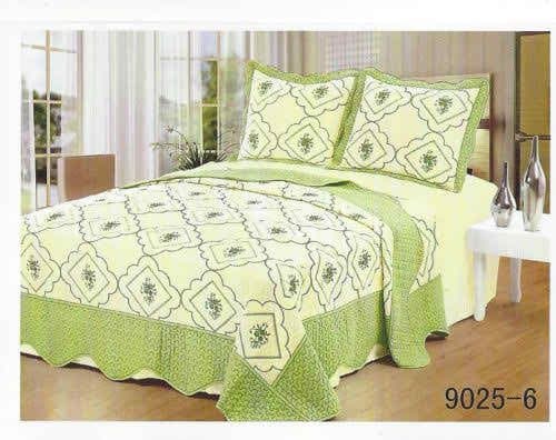 3 Piece Polycotton Floral Embroidered Quilted Bedspread Comforter Throw - Single Double King Size (Double Bed, Green)