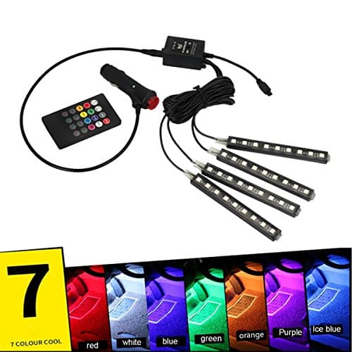 KIPTOP 4pcs Car Interior Atmosphere Lights , 7 Color LED Interior Footwell Lighting Kit Neon Lights Strip for Car With Music Active Function and IR Remote Control (9 LED Light A)