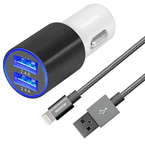 iPhone Car Charger, IWAVION 4.8A/24W Dual Smart USB Port Car Charger with 3FT Nylon Braided Lightning Cable Cord For Apple iPhone 7/7 Plus/6/6S Plus 5S 5 5C SE, iPad Air/Pro/Mini, iPod(Black/Grey)