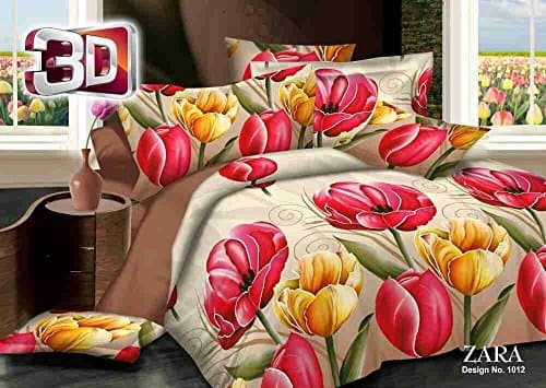 3D Effect Bedding Set Duvet Cover+Fitted Sheet Floral Printed 4Pc Complete Set (Double, Design 1012)