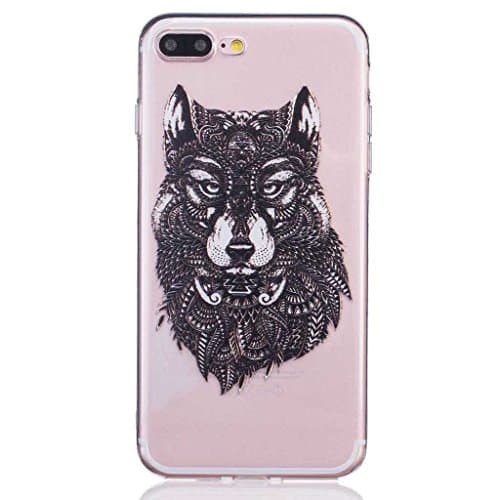 iPhone 7 Plus Case [ with Free Tempered Glass Screen Protector ], iGrelem® Ultra Thin TPU Soft Clear Cover for Apple iPhone 7 Plus 5.5 Inch, Plum Blossom, Butterfly, Feather Colorful Pattern Design Protective Back Case for iPhone7 Plus (Wolf, Black)