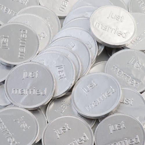 Silver Foiled Just Married Milk Chocolate Coins Sweets