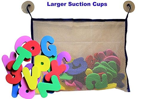 Bath Letters and Numbers With Bath Toy Organizer. Educational Bath Toys with Premium Bath Toy Storage Net With Large Suction Cups and Non Toxic BPA Free Foam Letters