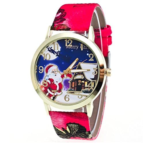 Christmas Pattern Leather Band Analog Quartz Watch