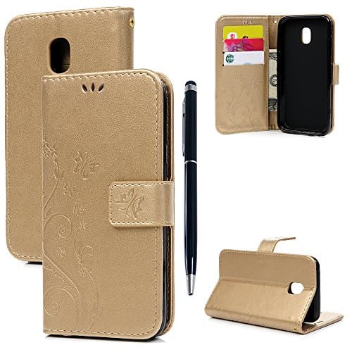 J3 2017 Case - PU Leather Case Wallet Flip Cover - Magnetic Closure - Card Slots - Money Pouch - Kickstand - Flip Wallet Case with Stylus Pen - Butterfly Embossing Design FOR Samsung Galaxy J3 2017 ,Gold