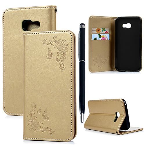 A5 2017 Case - PU Leather Case Wallet Flip Cover - Magnetic Closure - Card Slots - Money Pouch - Kickstand - Flip Wallet Case with Stylus Pen - Embossing Design FOR Samsung Galaxy A5 2017 ,Gold