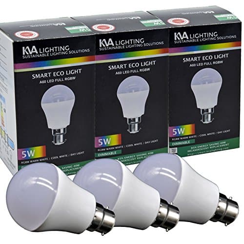 KVA LIGHTING Smart Light LED Bulb, B22 A60, 5W to 40W, Bright 450 Lumens, Dimmable, RGBW, Requires Gateway, Pack of 3