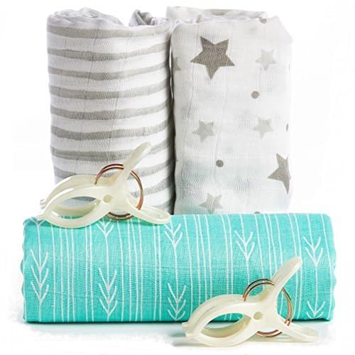 Swaddle Blanket | Softest Bamboo Muslin | 3 Pack of Extra Large Blankets + 2 Stroller Clips + Baby Sleeping Guide By BabyVoice (white-grey-green)