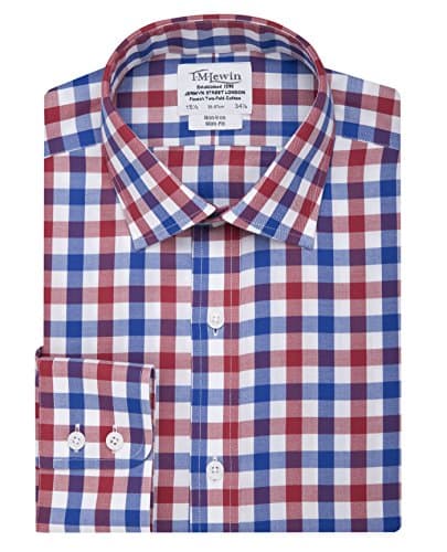 T.M.Lewin Men's Non-Iron Block Check Slim Fit Button Cuff Shirt, Red Royal Blue, 16"