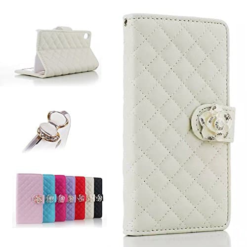 Uming? Camellias Series Case Holster for IPhone6Plus IPhone6SPlus IPhone 6Plus 6SPlus with Holder Stand Elegant Lady Bling Glitter Shiny Crystal flower Folio Wallet PU Leather Flower Lattice Grid Flip Case Bag Cover Protector Skin + 1PC Anti Dust Plug - White