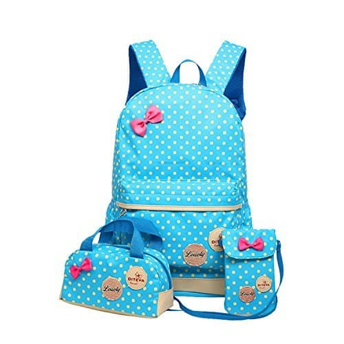 Moonwind Polka Dot 3pcs Kids Book Bag School Backpack Handbag Purse Girls Teen (Blue)
