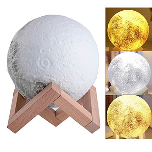 3D Printing Moon Lamp,SUAVER Rechargeable Touch Switch LED Night Light Dimmable Bedside lamp Desk Lamp Moonlight With Wooden Mount,Kids Room Decor Birthday Christmas Gift(13CM)