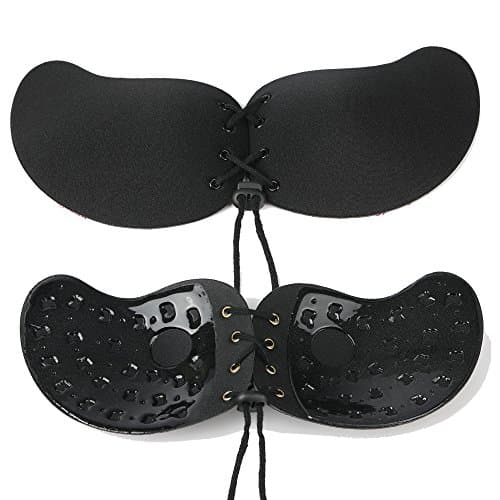 Natthom silicone Strapless bra Women's Backless bra invisible Self-adhesive bra push-up Drawstrings bra for Sexy dresses (Black 2, E)