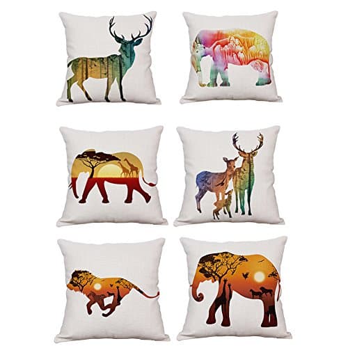Vesub Cushion Cover Throw Pillow Case Shell Animals Theme 18 X 18 Inches, African Savannah, Wild Elephant, Lion,Deer Pillow (6 PCS, MIXEDCOLOR)
