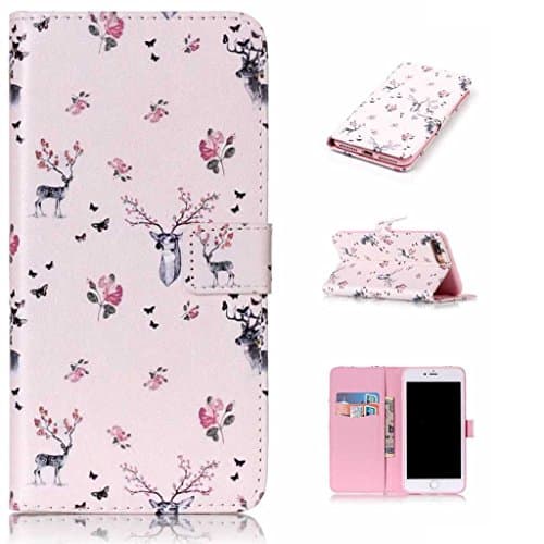 iGrelem® iPhone 7 Plus Case [with Free Tempered Glass Screen Protector], PU Leather Flip Protective Cover Case for Apple iPhone 7 Plus 5.5 Inch, Flowers, Butterfly, Deer, Bear Feather Colorful Pattern Design Wallet Case for iPhone7 Plus (Deer, Pink)