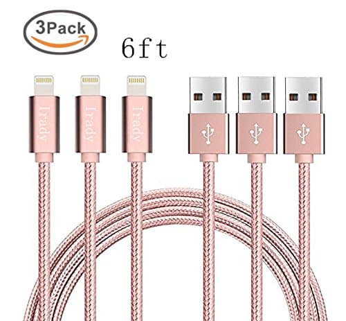 Lightning Cable,Irady 3Pack 6ft Nylon Braided USB Cord Charging Cable Charger for iPhone 8 7 6 6s, iPhone 8 Plus 7 Plus 6s Plus, iPhone 5s 5 Se, iPad, iPod mini Air Pro iPod touch nano 7 and More, Pink