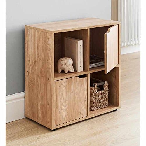 4 Cube MDF Oak Finish Standing Shelf / Shelves 2 Doors 2 Open Cubes Bookcase Office Home Storage