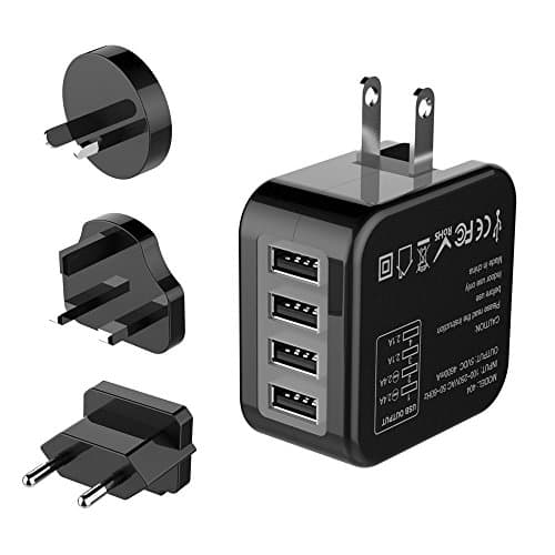 USB Plug Charger 4-Port USB Wall Charger with Interchangeable UK EU US Travel Adaptor -6.8A/34W- for iPhone X/8/7/6s/6/Plus, iPad, iPod, Galaxy S8/S7/S6/Edge (black)