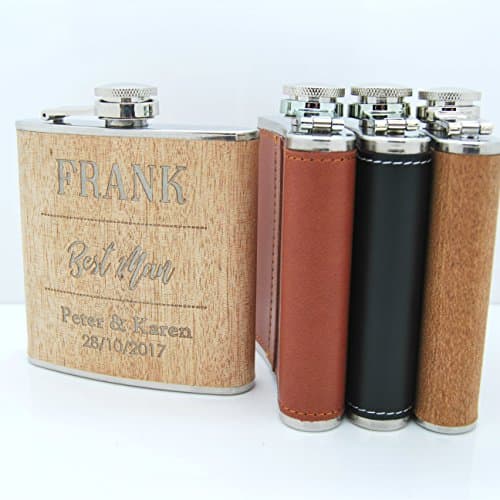 Personalized Leather &amp; Wood Engraved 6oz Hip Flasks - Best Man/Grooms/Wedding/Father's Day/Birthday Gift (Tan Leather Unboxed)