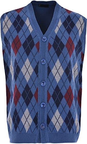 Mens Knitted Sleeveless Cardigan V Neck Front Button Closure Diamond Pattern