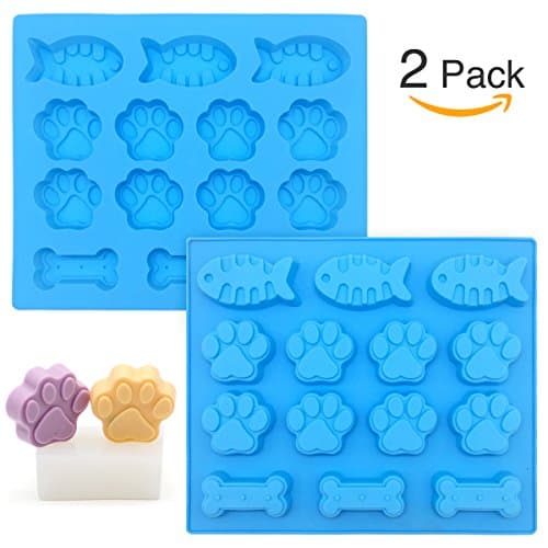 2-Pack 14-cavity Mixed Food Grade Large Mats Trays, Dog Pets Paws Fish and Bones Silicone Baking Moulds, Bake for Kids, Dog-lovers, Kitchen Tips Blue