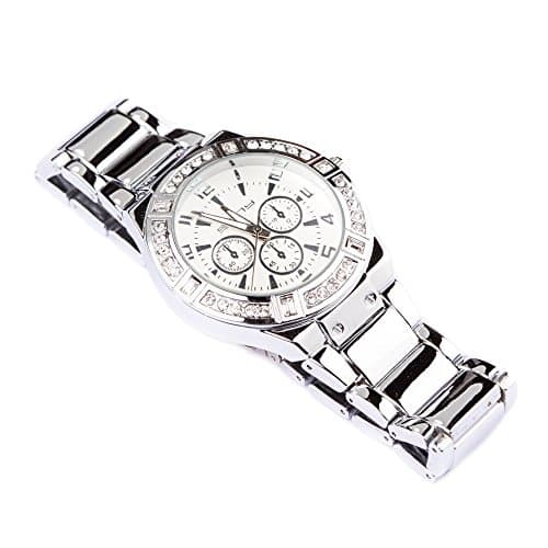 Men's Silver Plated Round Iced Out Bezel Quartz Dial Watch Link Watchstrap