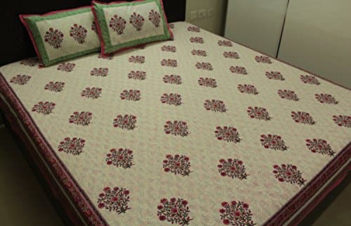 Indian Cotton Hand Block Printed Bed Sheets Pillowcases Set King Queen Full White Pink Floral Natural Dyed Ethnic Bedspreads Bedding 88 x 105 Inches