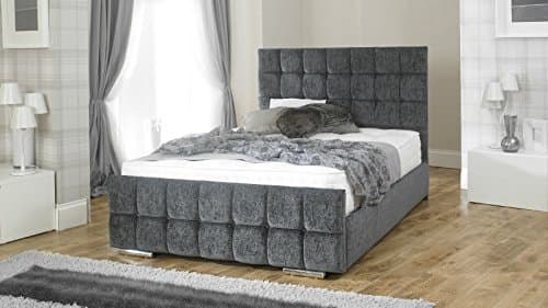 Luxury Nevada Chenille Upholstered Storage Bed Frame with Contemporary Crystal Studded Block Pattern Headboard / Footboard + Large Under-bed Storage Space - 7 Colours &amp; Range of Sizes