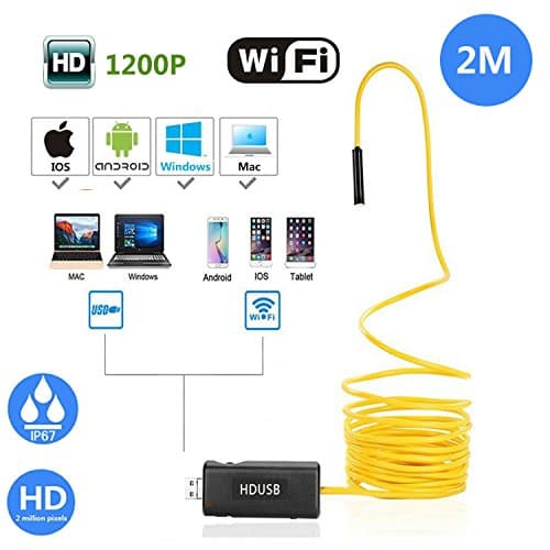 Wifi Endoscope,2 Megapixels HD 1200P Wifi USB Borescope, IP67 Waterproof with 6 Adjustable LED Lights, Semi-rigid Flexible Snake Camera for Android, IOS Smartphone, IPhone, Samsung, Tablet, PC