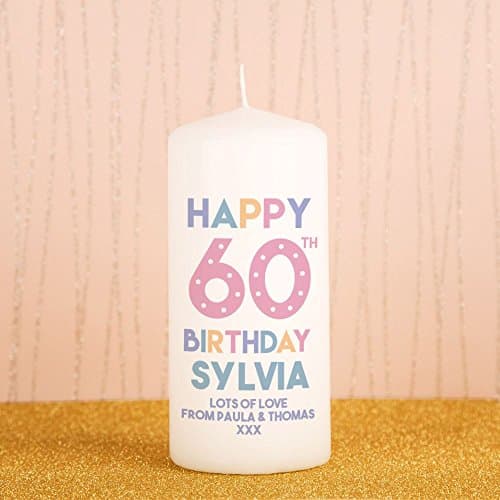 60th Birthday Customised Block Pillar Candle, Landmark Sixtieth Present for Her
