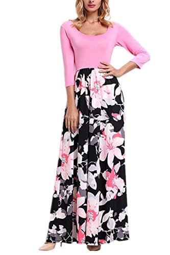 GRACE KALIN Women's 3/4 Sleeves Summer Boho Floral Printed High Waist Graceful Party Maxi Long Dress Beach Dress Vacation Dress (Small, Pink)