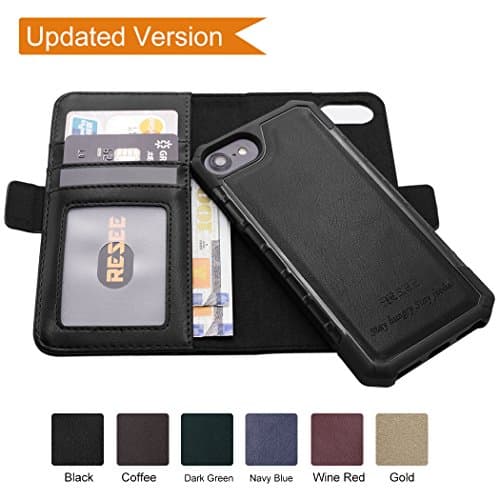 iPhone 8/7/6s/6 Wallet Leather Case[Detachable 2 in1 Cover], Resee Card Holder Magnetic Case, RFID Blocking, Shock Absorption Hard Cover - Black