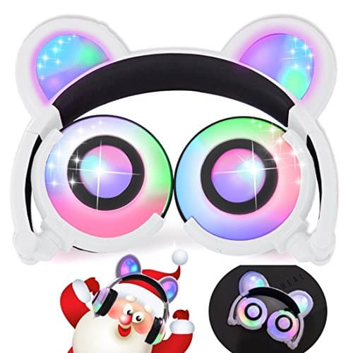 Headphones Over Ear with Microphone, USB Rechargeable Wired Foldable with LED Flashing Glowing Lights Bear Headphones for Girls,Children,Compatible for iPhone,iPad,Android Phone,Computer.
