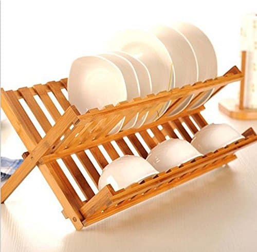 Duode Time 20 Slots Wooden Dish Rack Folding Dish Rack with Utensil Holder