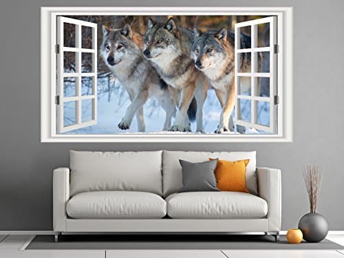 3 Wolves Window Scene Huge 130cm x 70cm Wall Sticker Art Mural Cool Decal Wildlife