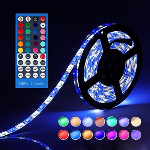 LED Strip Light Kit Waterproof 5050 SMD RGBW Lights String 16.4 Feet 300 LEDs Flexible Tape Light Colour Changer with 40 key IR Remote Controller and 12 V 5 a Power Supply for the decoration of the Party Home