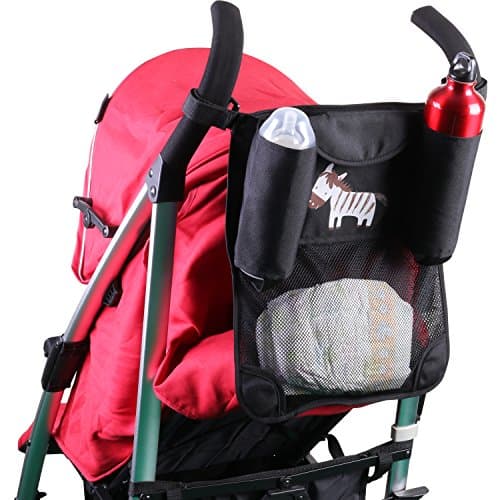 Stroller Organizer, Fushop Jogging Stroller Organizer for All Strollers, Two Cup Holders, Lightweight Stroller Net Bags Hold Large Storage(Black)